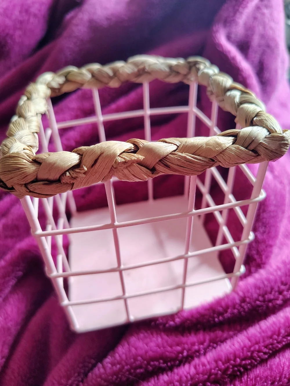Set Of 2 Pink Wire Baskets With Rattan Braided To